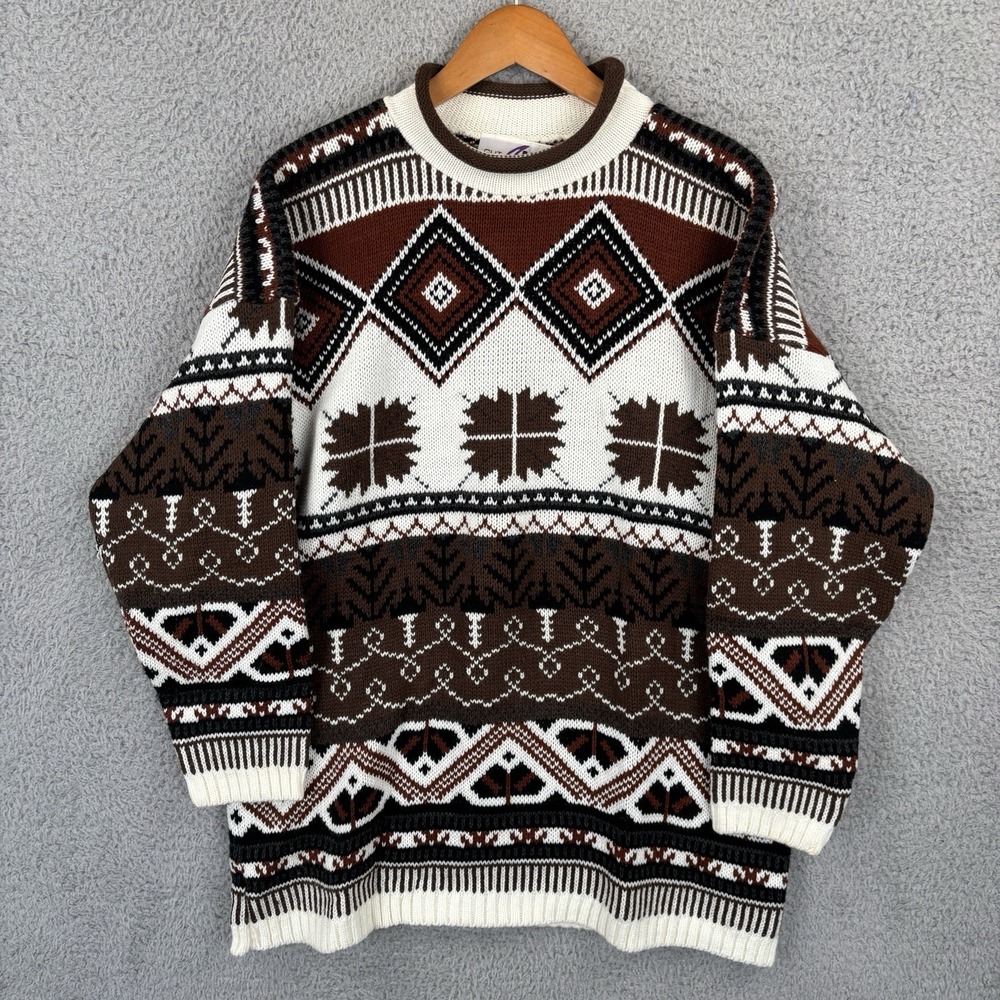 Vintage Cut 4 U Sweater One Size White Brown Nordic Roll Neck‎ Cozy Ski Winter